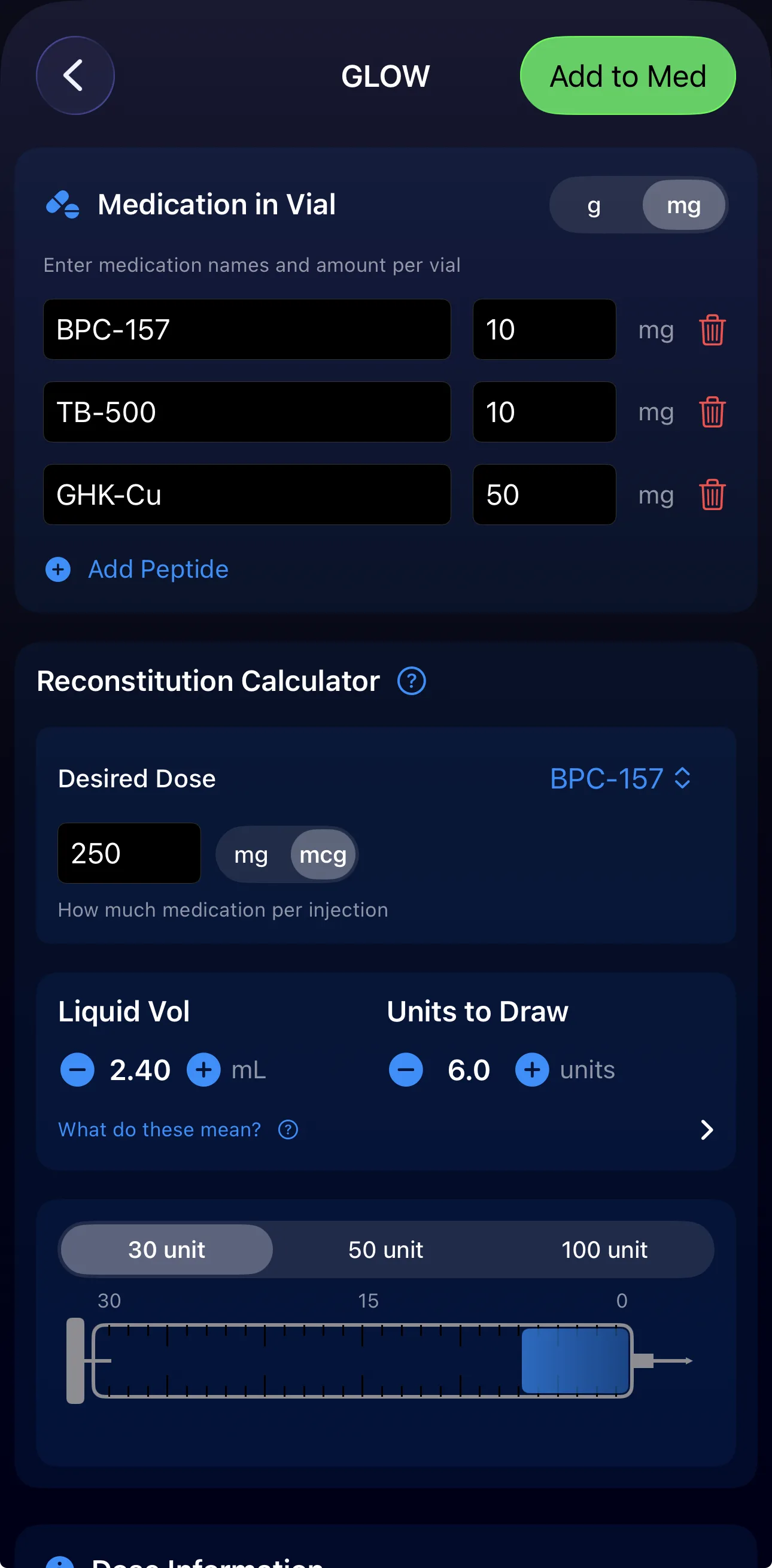 Reconstitution calculator for a peptide stack