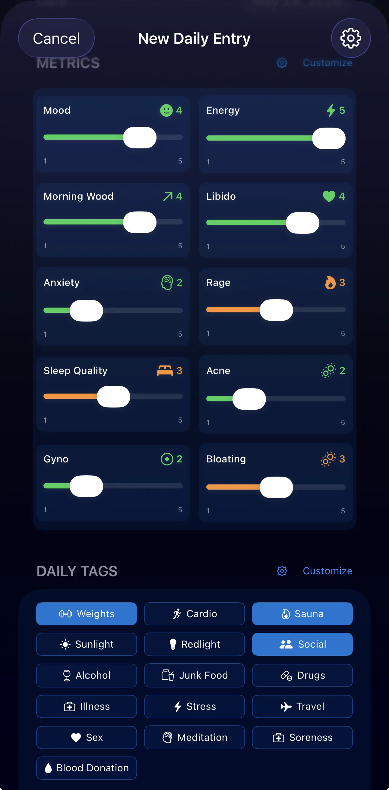Daily check-in entry for mood, energy, sleep and more