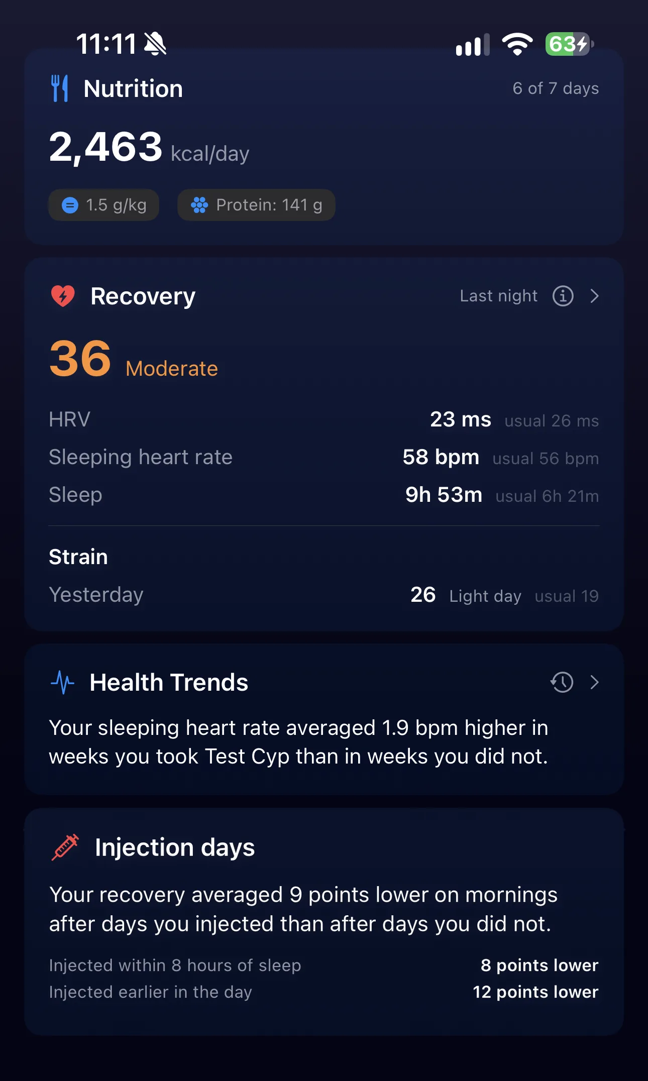 OptiPin Recovery card scoring last night against the usual HRV, sleeping heart rate and sleep, above a Health Trends finding and an injection-days comparison